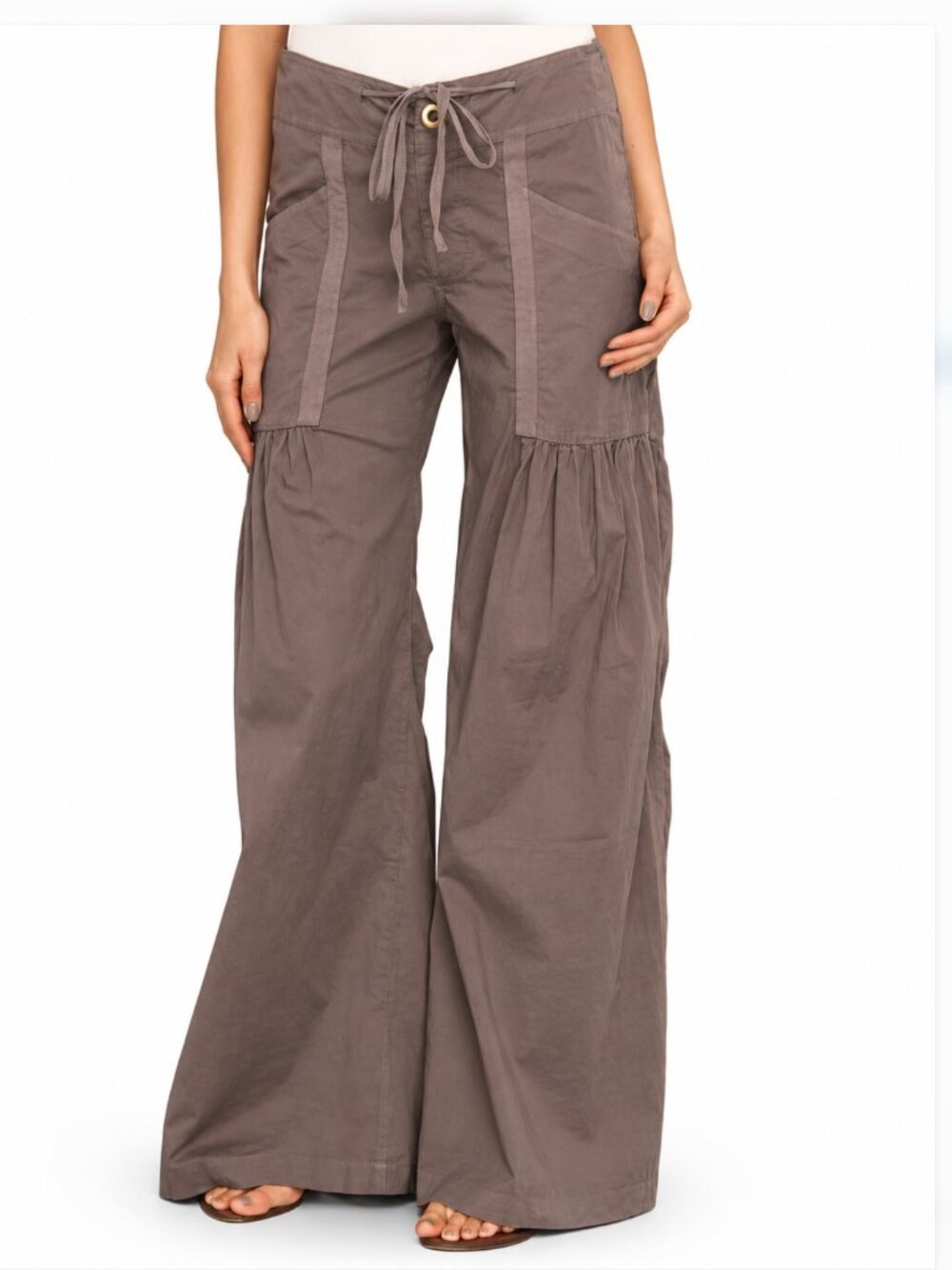 NWT XCVI Willow Wide Leg Stretch Poplin Boho Wide Leg Ruch Pants Cypress Bark S